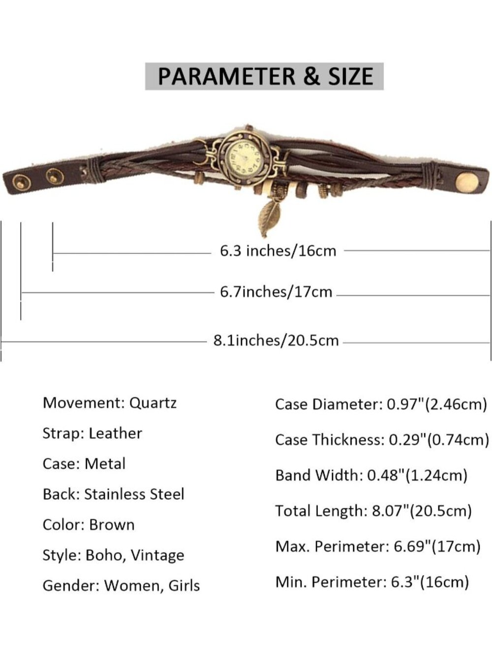 Women's Leaf Brown Fashion Vintage Classic Weave Wrap Around Quartz Wristwatch - Picture 6 of 6